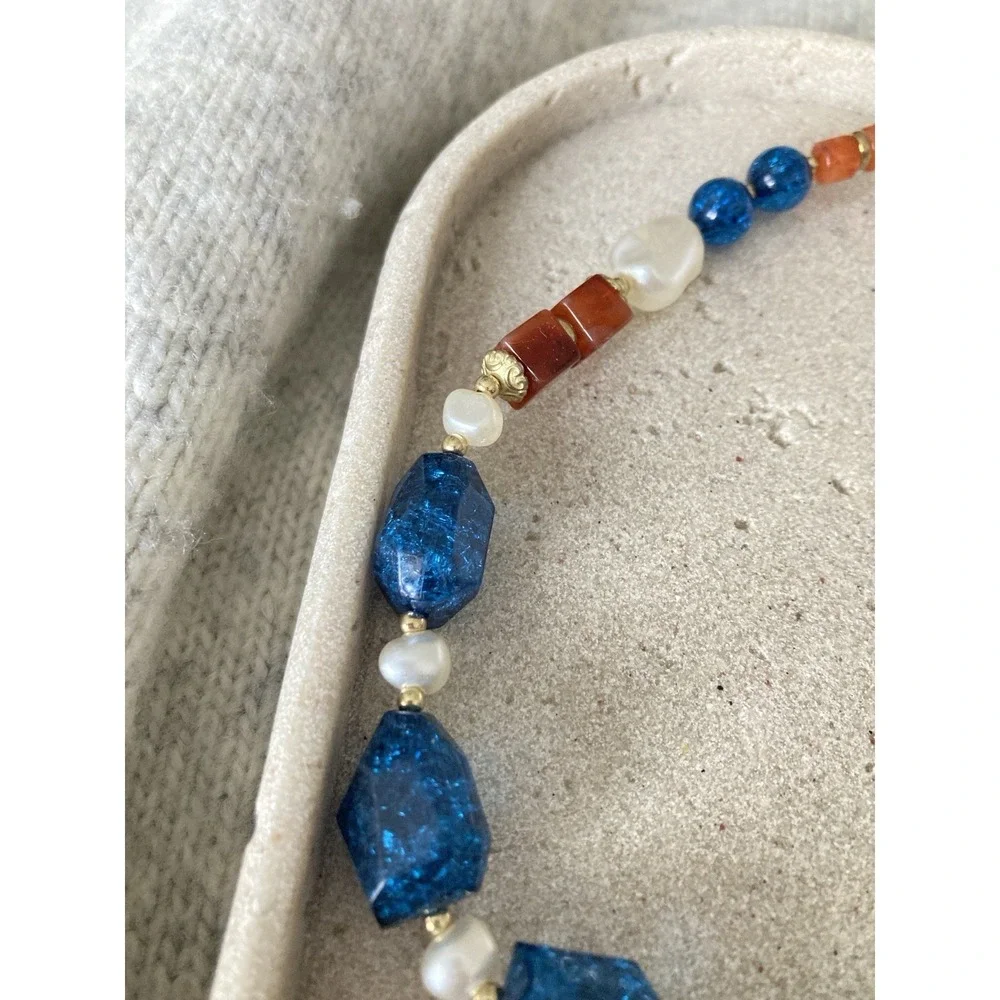Beggars Beads Collar Necklace Blue Crackle Beads Faux Pearl Beaded Romantic Glam